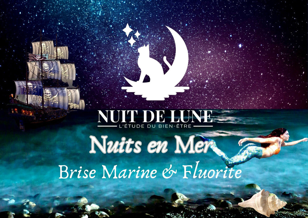 Bougie de luxe artisanale aux cristaux NUITS EN MER Brise Marine et sa fiole de fluorite multicolore