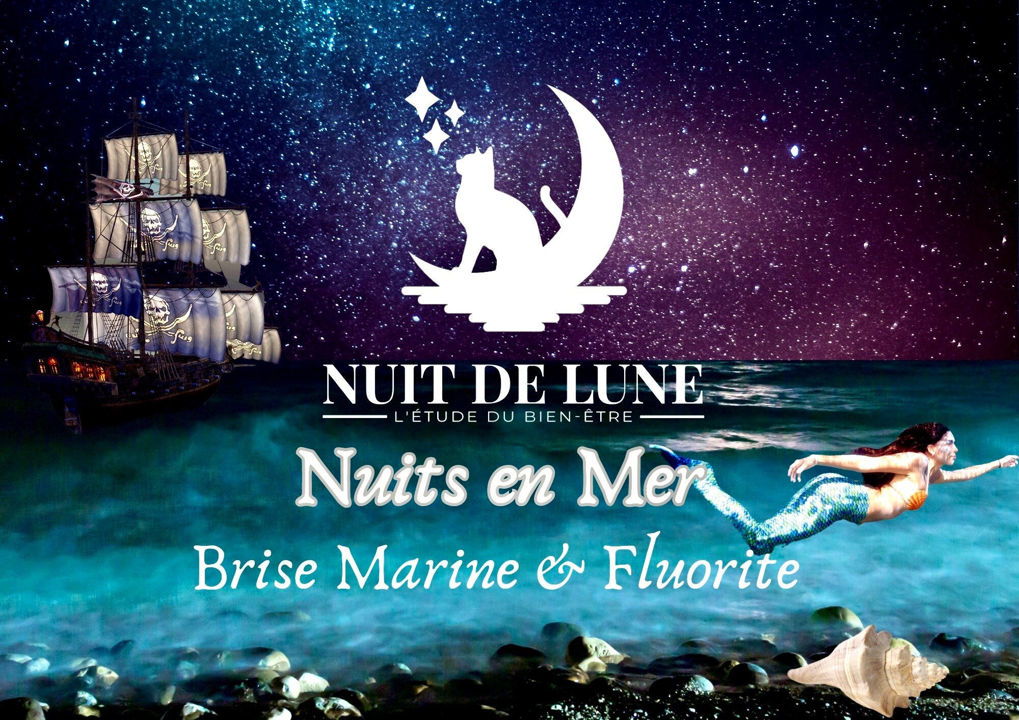Bougie de luxe artisanale aux cristaux NUITS EN MER Brise Marine et sa fiole de fluorite multicolore