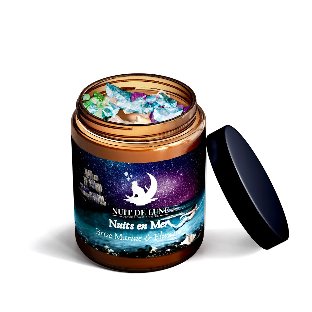 Bougie de luxe artisanale aux cristaux NUITS EN MER Brise Marine et sa fiole de fluorite multicolore