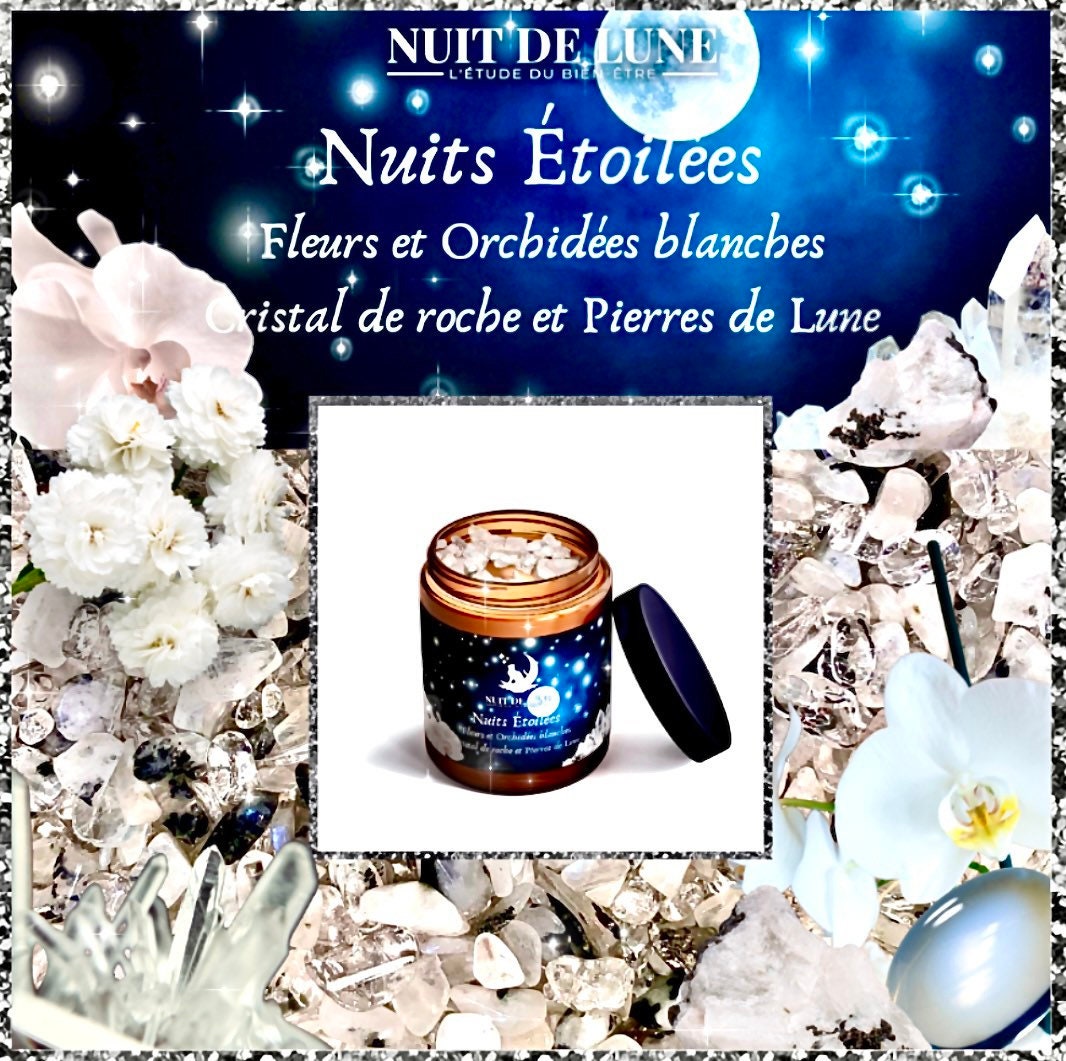 Bougie de luxe artisanale aux cristaux NUITS ÉTOILÉES Fleurs et Orchidées blanches et sa fiole de cristal de roche et pierre de lune