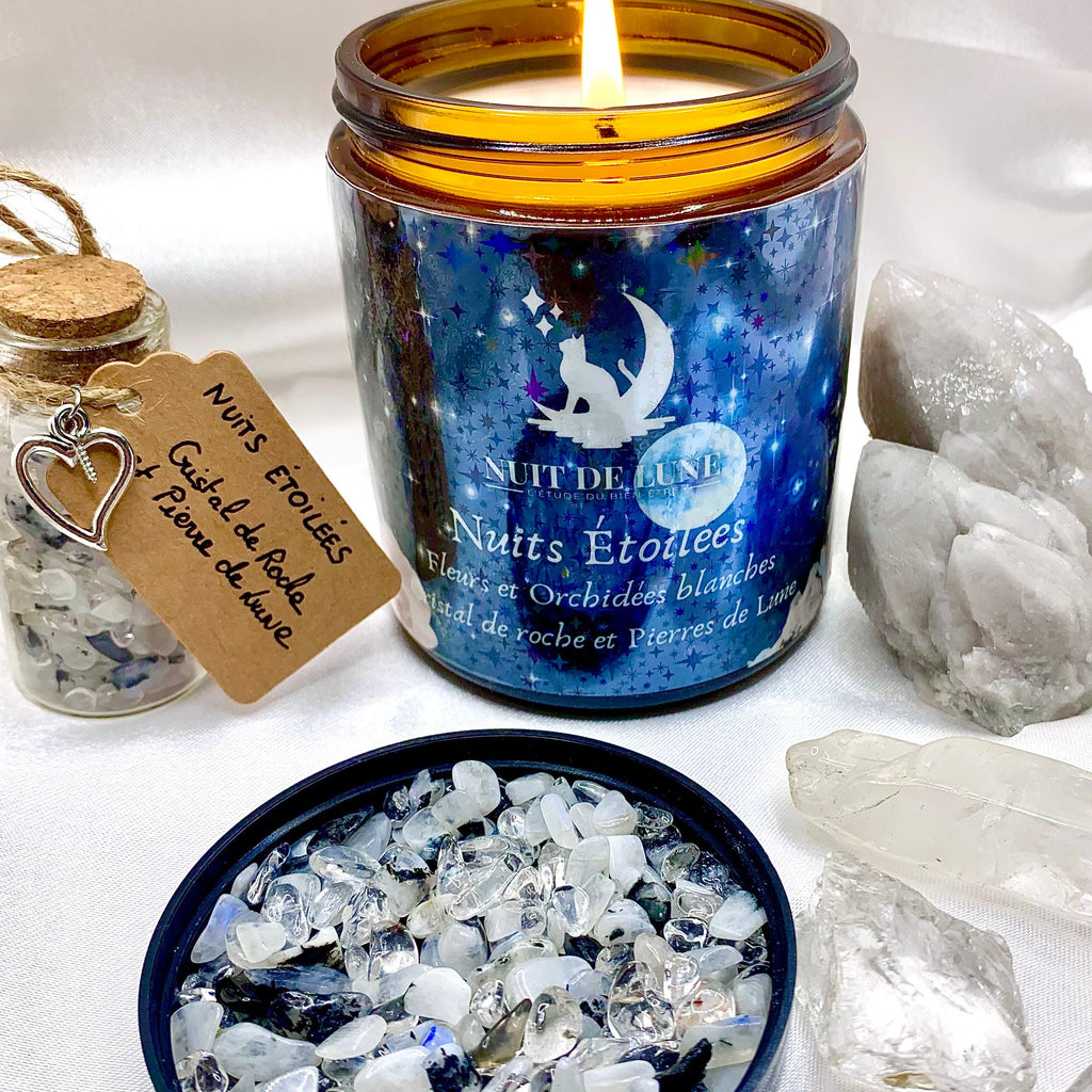 Bougie de luxe artisanale aux cristaux NUITS ÉTOILÉES Fleurs et Orchidées blanches et sa fiole de cristal de roche et pierre de lune