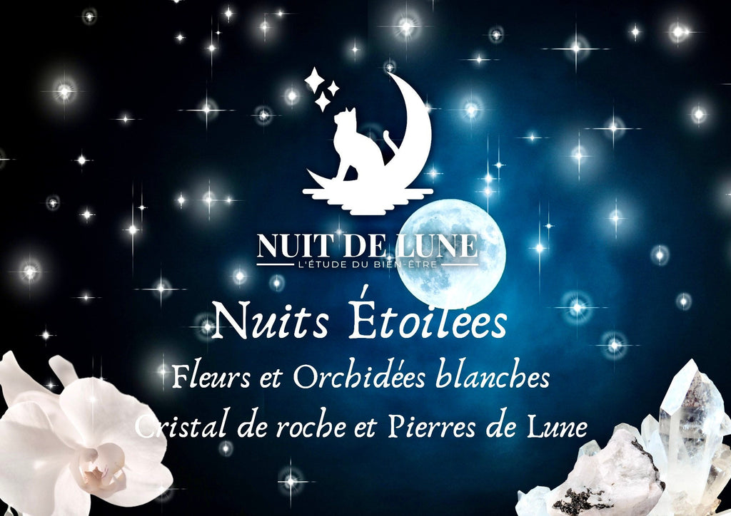 Bougie de luxe artisanale aux cristaux NUITS ÉTOILÉES Fleurs et Orchidées blanches et sa fiole de cristal de roche et pierre de lune