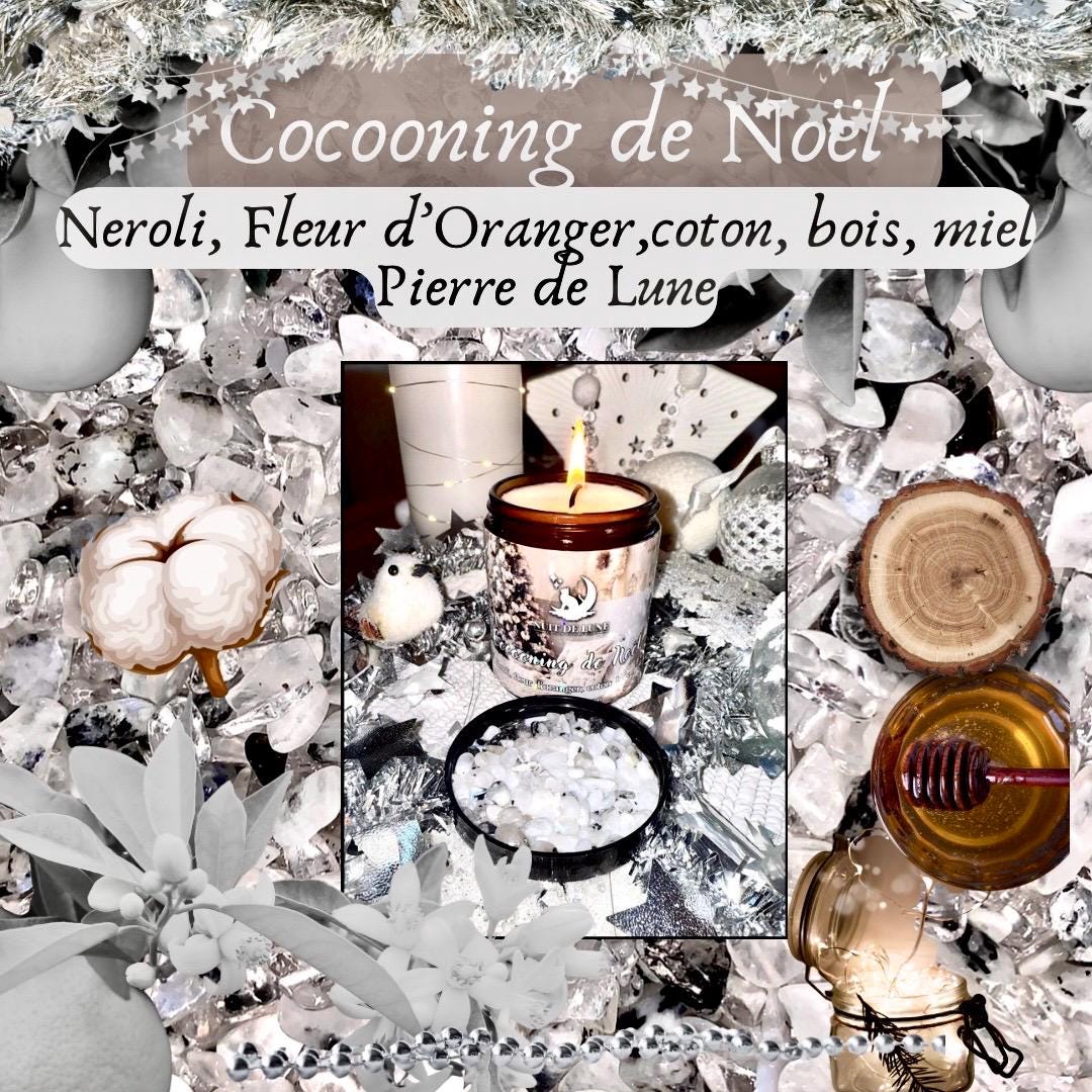 Bougie de luxe artisanale aux cristaux NUIT DE LUNE Cocooning de Noël Neroli, Fleur d’oranger, coton, bois, miel et Pierres de Lune