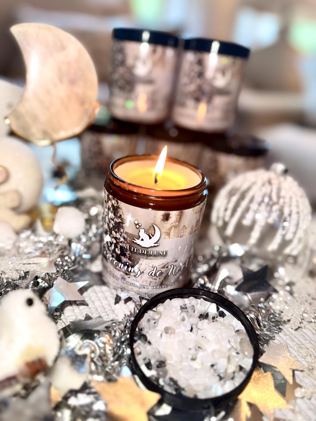 Bougie de luxe artisanale aux cristaux NUIT DE LUNE Cocooning de Noël Neroli, Fleur d’oranger, coton, bois, miel et Pierres de Lune