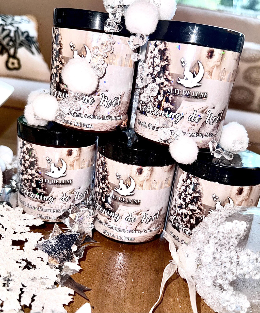 Bougie de luxe artisanale aux cristaux NUIT DE LUNE Cocooning de Noël Neroli, Fleur d’oranger, coton, bois, miel et Pierres de Lune