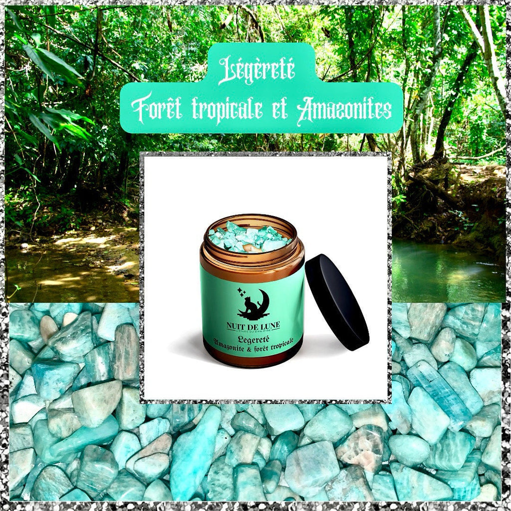 Bougie de luxe artisanale aux cristaux  Nuit de Lune LEGERETE Forêt tropicale et sa fiole d’amazonites et fleurs d’amarantes