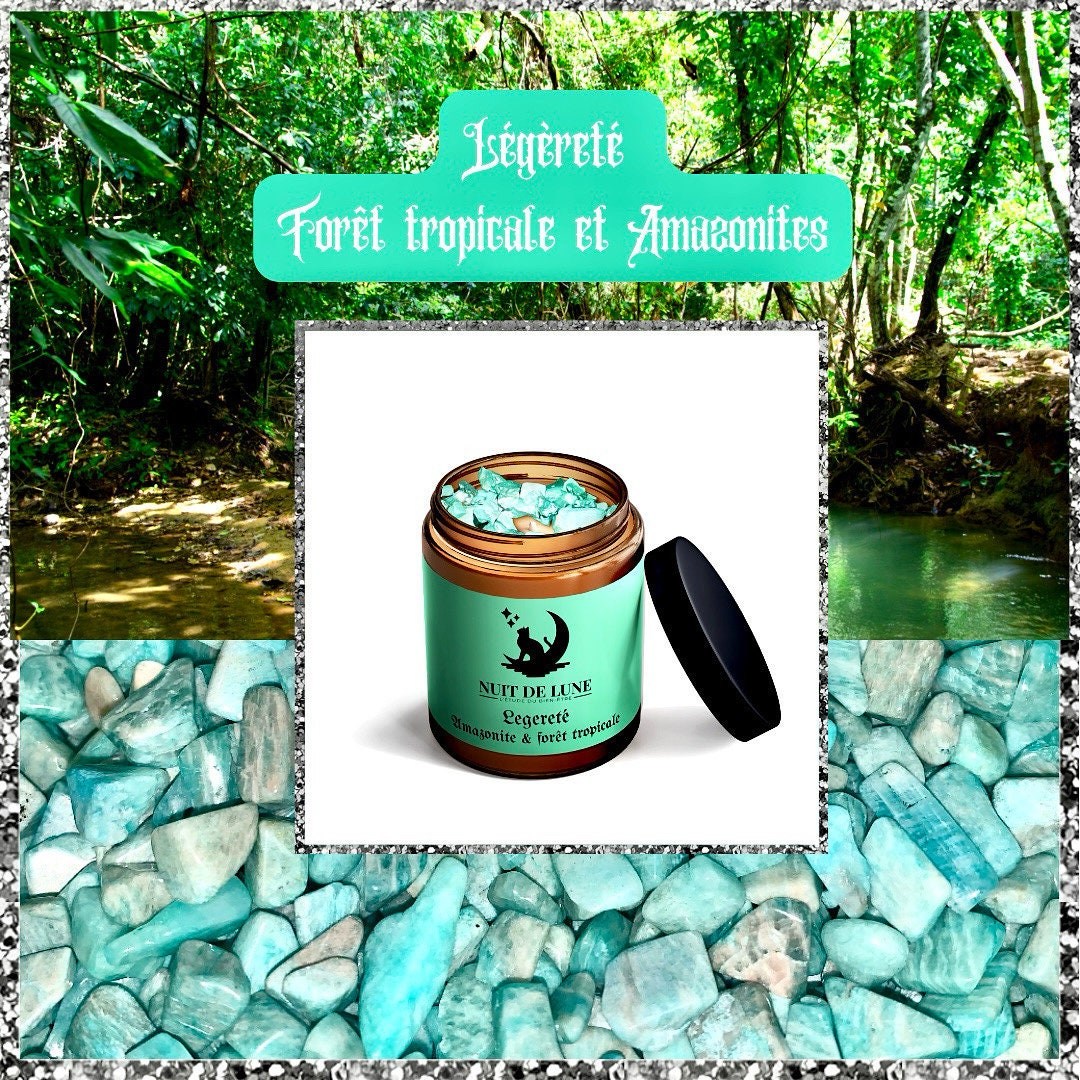 Bougie de luxe artisanale aux cristaux  Nuit de Lune LEGERETE Forêt tropicale et sa fiole d’amazonites et fleurs d’amarantes
