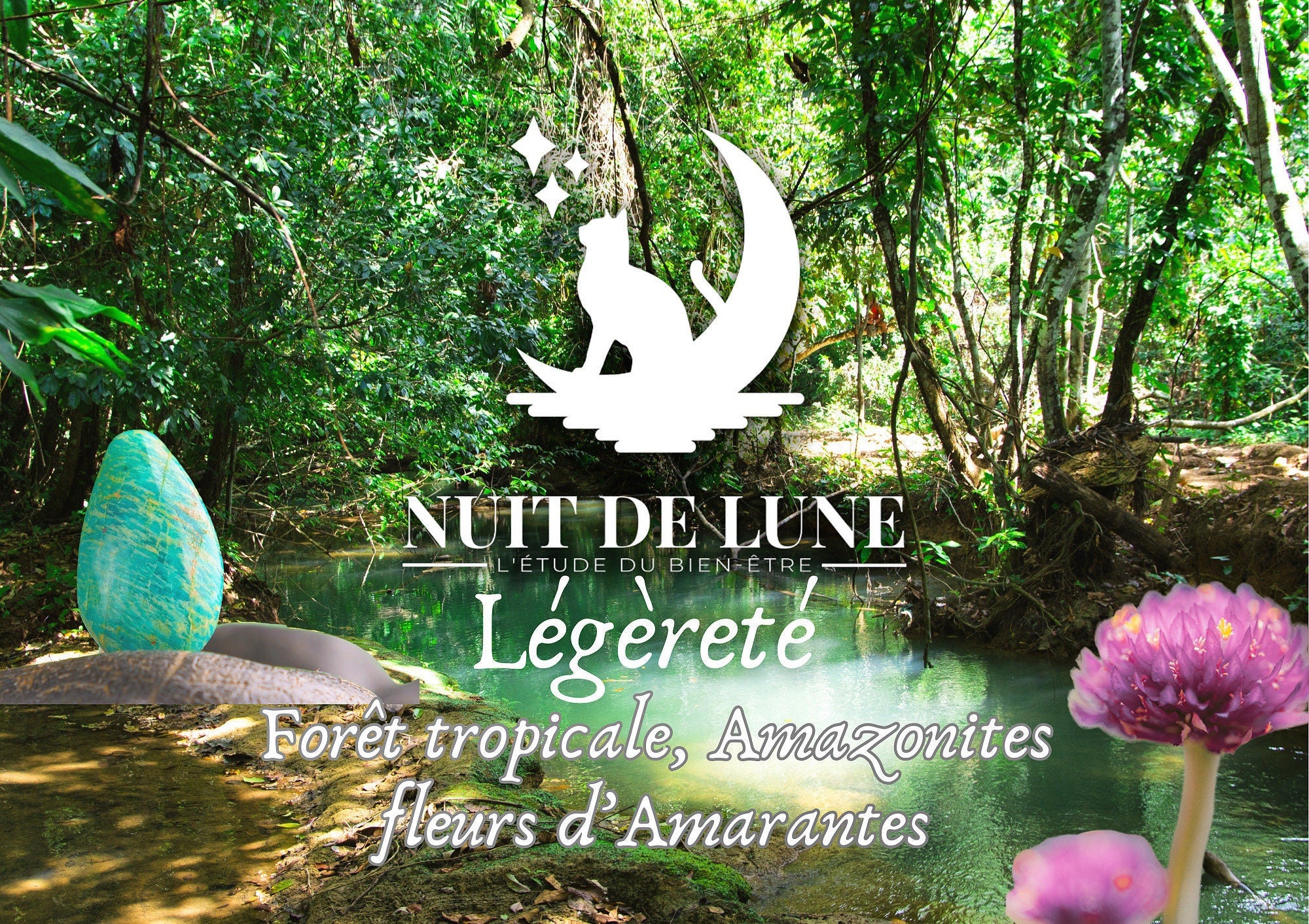 Bougie de luxe artisanale aux cristaux  Nuit de Lune LEGERETE Forêt tropicale et sa fiole d’amazonites et fleurs d’amarantes