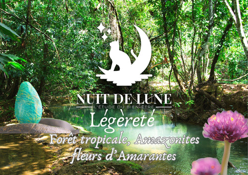 Bougie de luxe artisanale aux cristaux  Nuit de Lune LEGERETE Forêt tropicale et sa fiole d’amazonites et fleurs d’amarantes