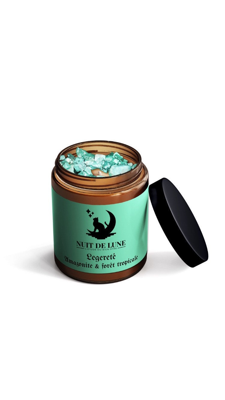 Bougie de luxe artisanale aux cristaux  Nuit de Lune LEGERETE Forêt tropicale et sa fiole d’amazonites et fleurs d’amarantes