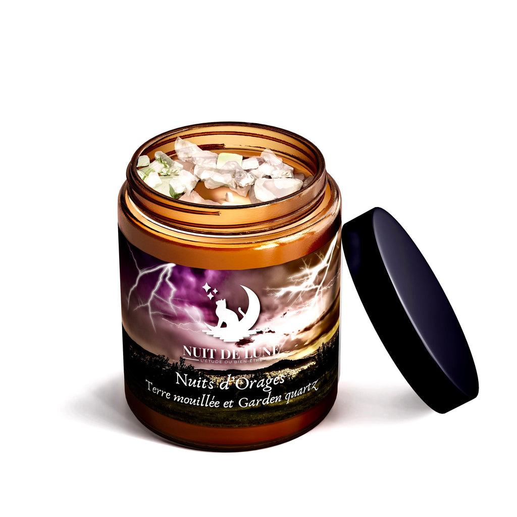 Bougie de luxe artisanale aux cristaux Nuit de Lune NUITS D’ORAGE Terre Mouillée et sa fiole de lodolite/garden quartz