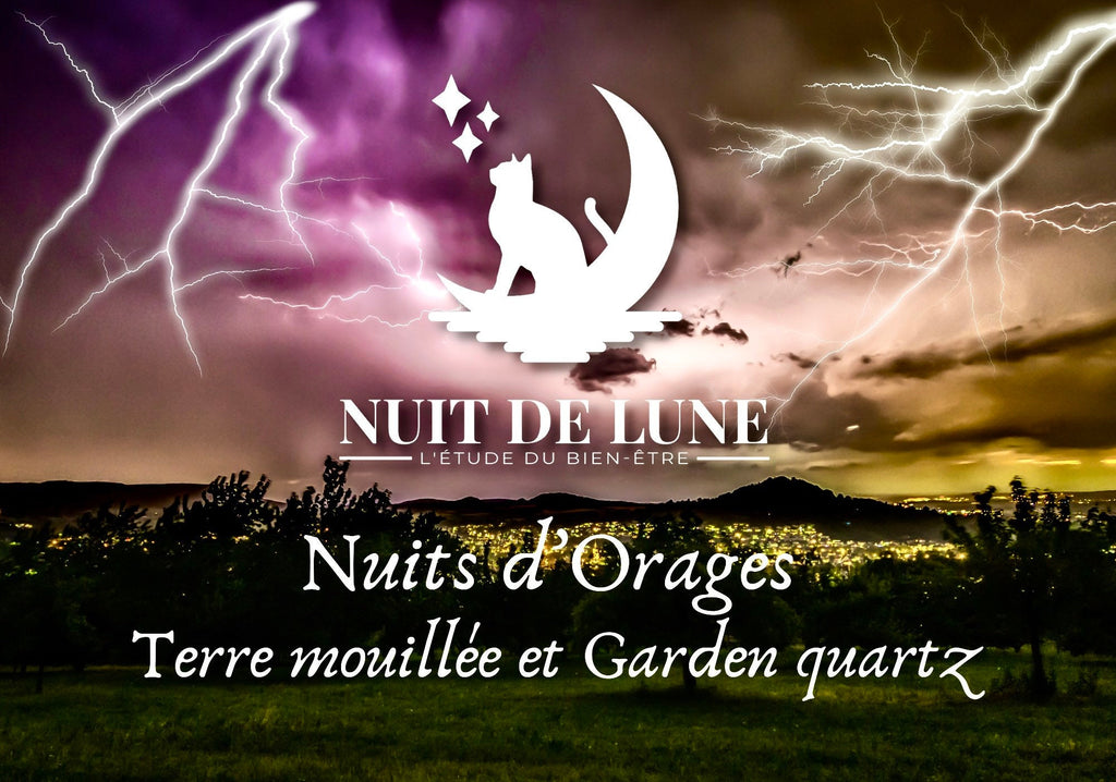 Bougie de luxe artisanale aux cristaux Nuit de Lune NUITS D’ORAGE Terre Mouillée et sa fiole de lodolite/garden quartz
