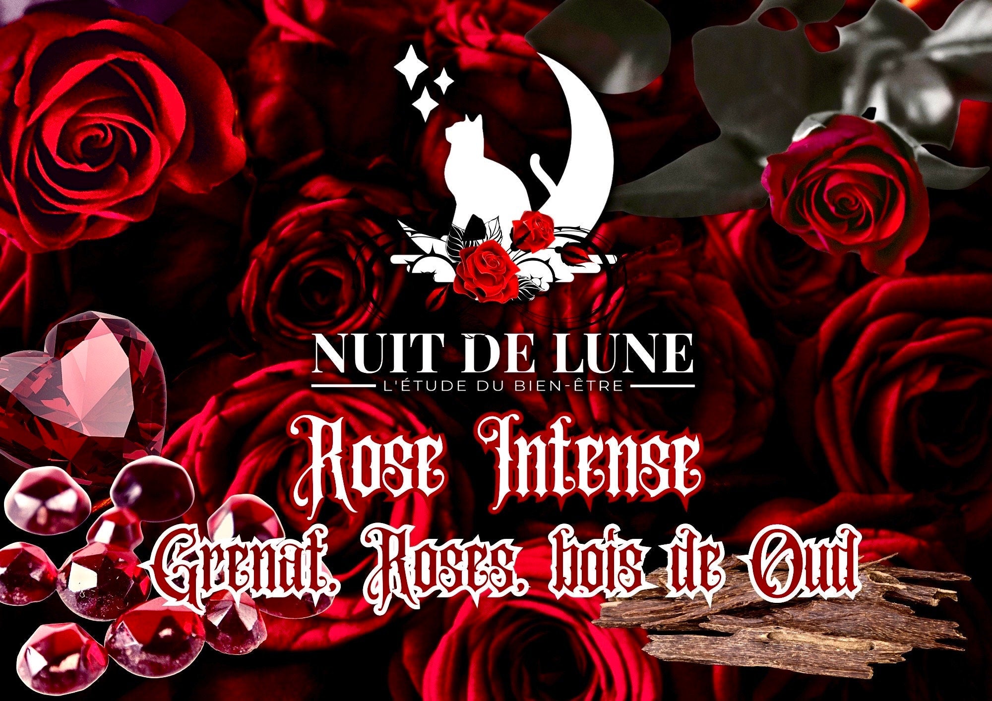 Bougie de luxe artisanale aux cristaux  Nuit de Lune ROSE INTENSE Rose & bois de Oud et sa fiole de cristaux de grenat et roses