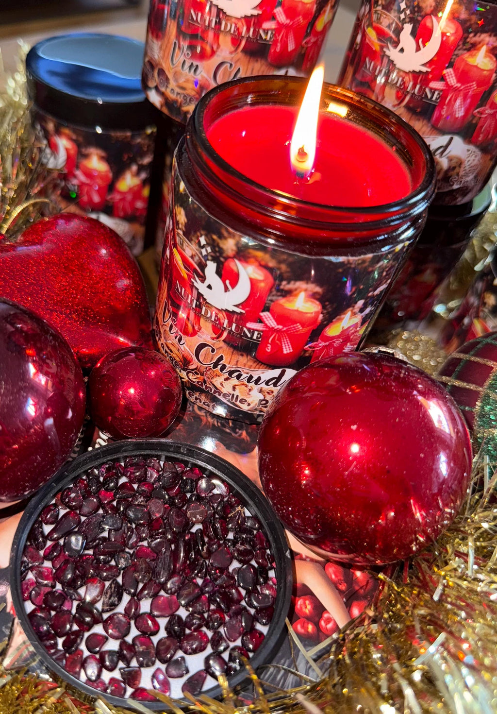 Bougie de luxe artisanale aux cristaux Nuit de Lune VIN CHAUD Orange, Pomme, Cannelle, Pin, Santal, Grenat