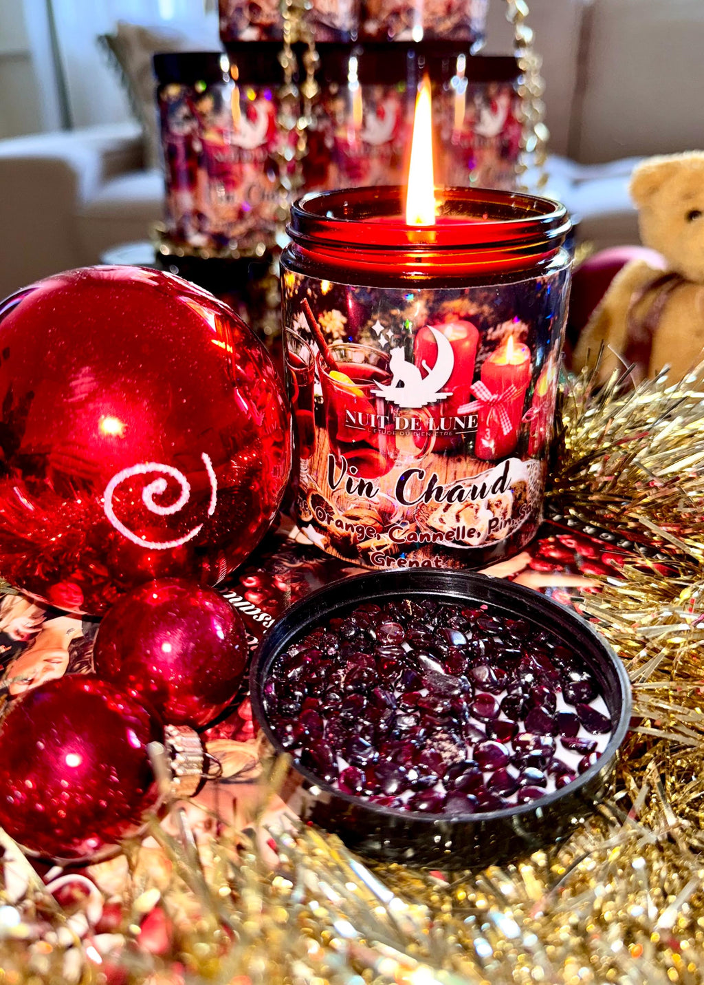 Bougie de luxe artisanale aux cristaux Nuit de Lune VIN CHAUD Orange, Pomme, Cannelle, Pin, Santal, Grenat