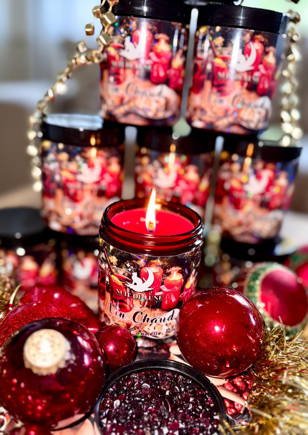 Bougie de luxe artisanale aux cristaux Nuit de Lune VIN CHAUD Orange, Pomme, Cannelle, Pin, Santal, Grenat