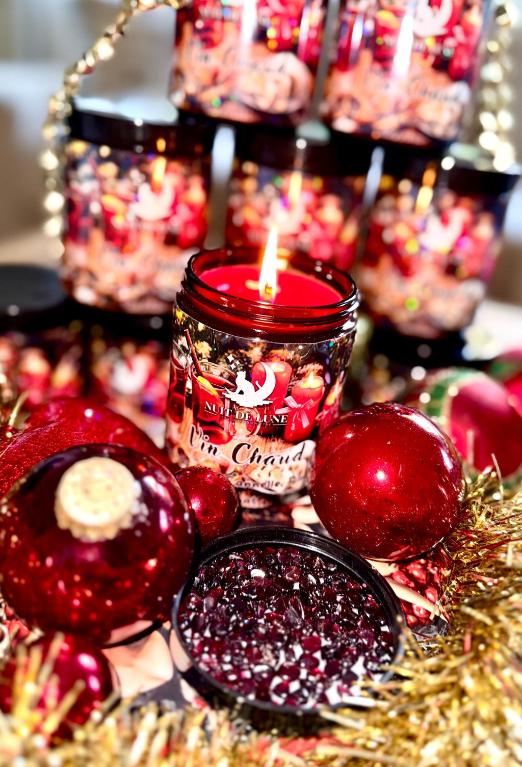 Bougie de luxe artisanale aux cristaux Nuit de Lune VIN CHAUD Orange, Pomme, Cannelle, Pin, Santal, Grenat