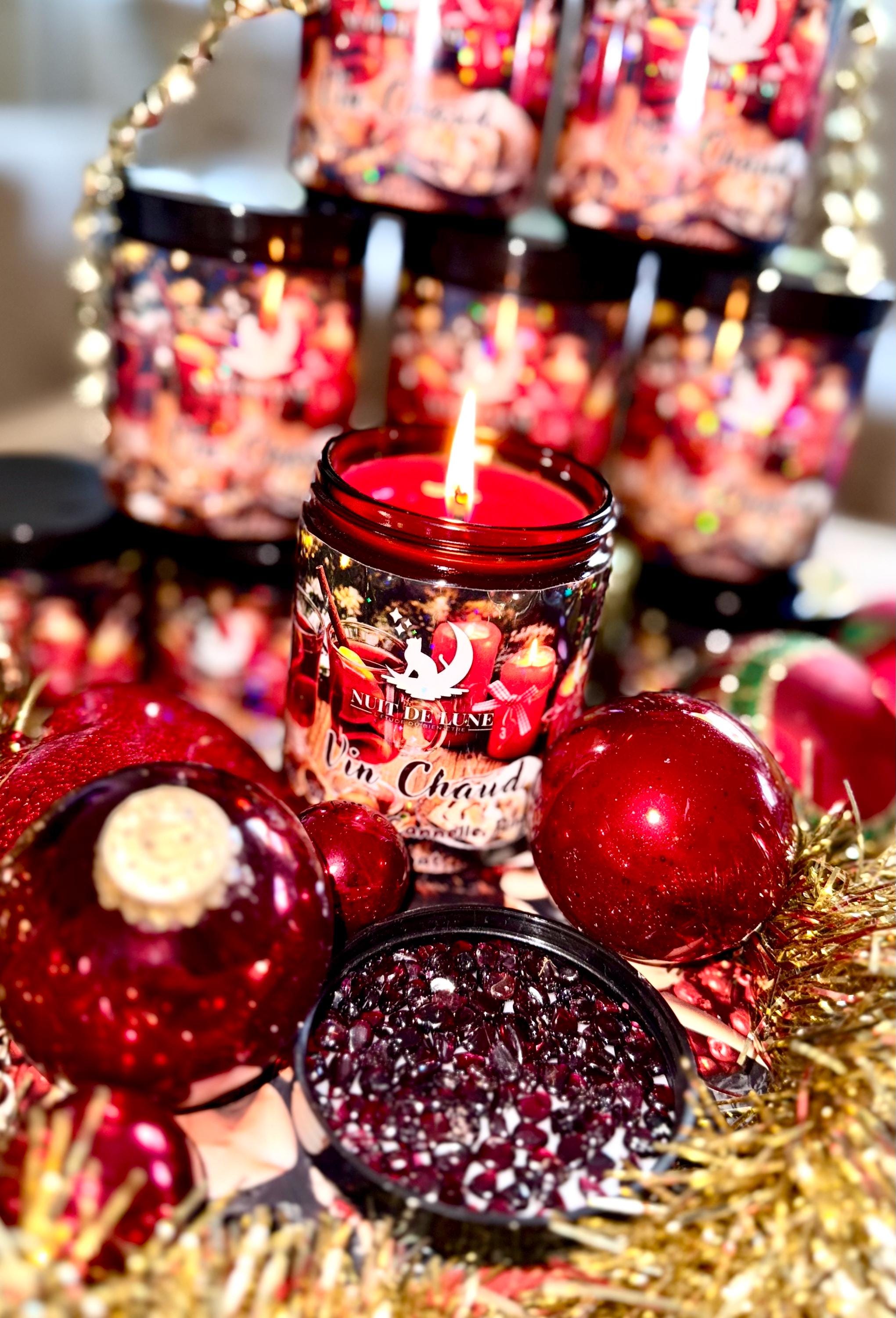 Bougie de luxe artisanale aux cristaux Nuit de Lune VIN CHAUD Orange, Pomme, Cannelle, Pin, Santal, Grenat