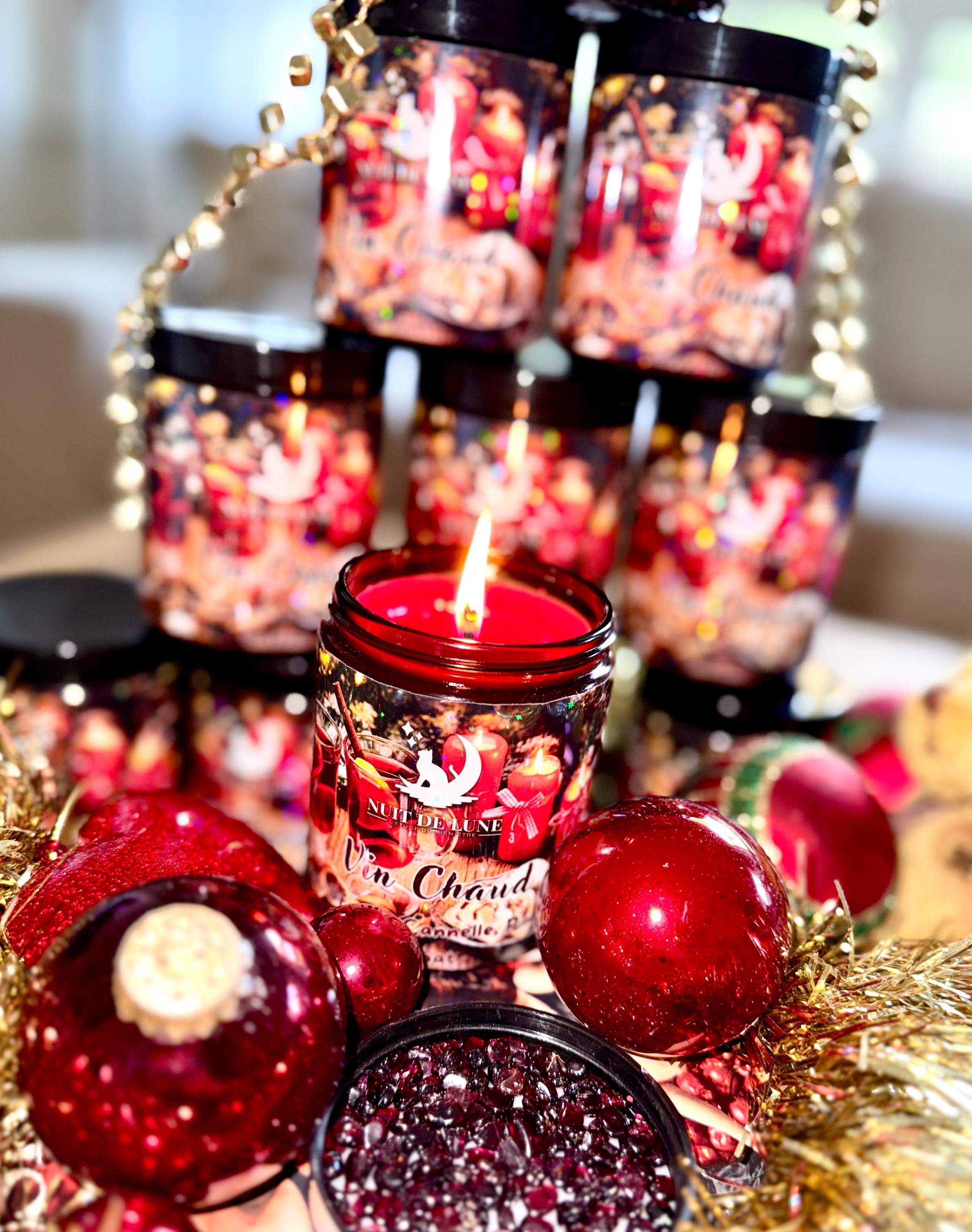 Bougie de luxe artisanale aux cristaux Nuit de Lune VIN CHAUD Orange, Pomme, Cannelle, Pin, Santal, Grenat