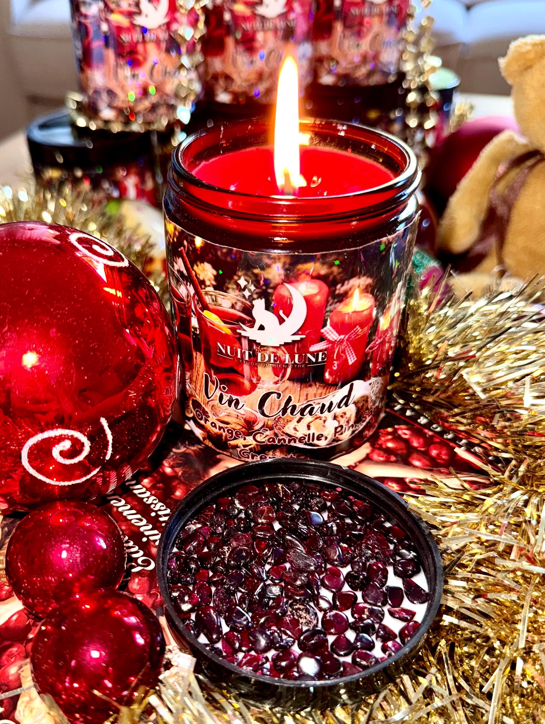 Bougie de luxe artisanale aux cristaux Nuit de Lune VIN CHAUD Orange, Pomme, Cannelle, Pin, Santal, Grenat