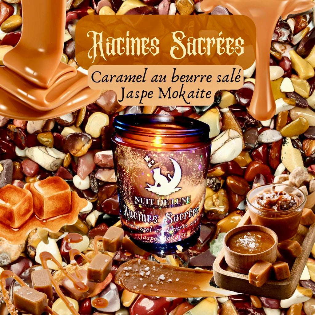 Bougie de luxe artisanale aux cristaux RACINES SACRÉES Caramel au beurre salé, Jaspe Mokaïte