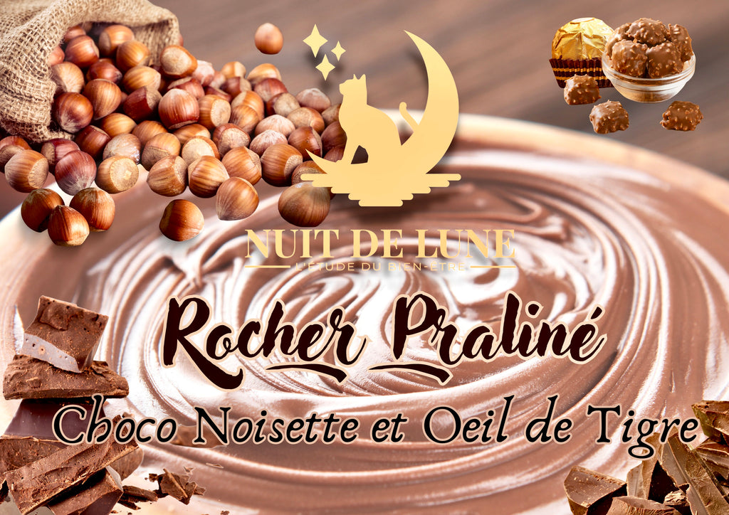 Bougie de luxe artisanale aux cristaux ROCHER PRALINÉ Chocolat, Noisettes, Pralines, Amandes et Oeil de Tigre