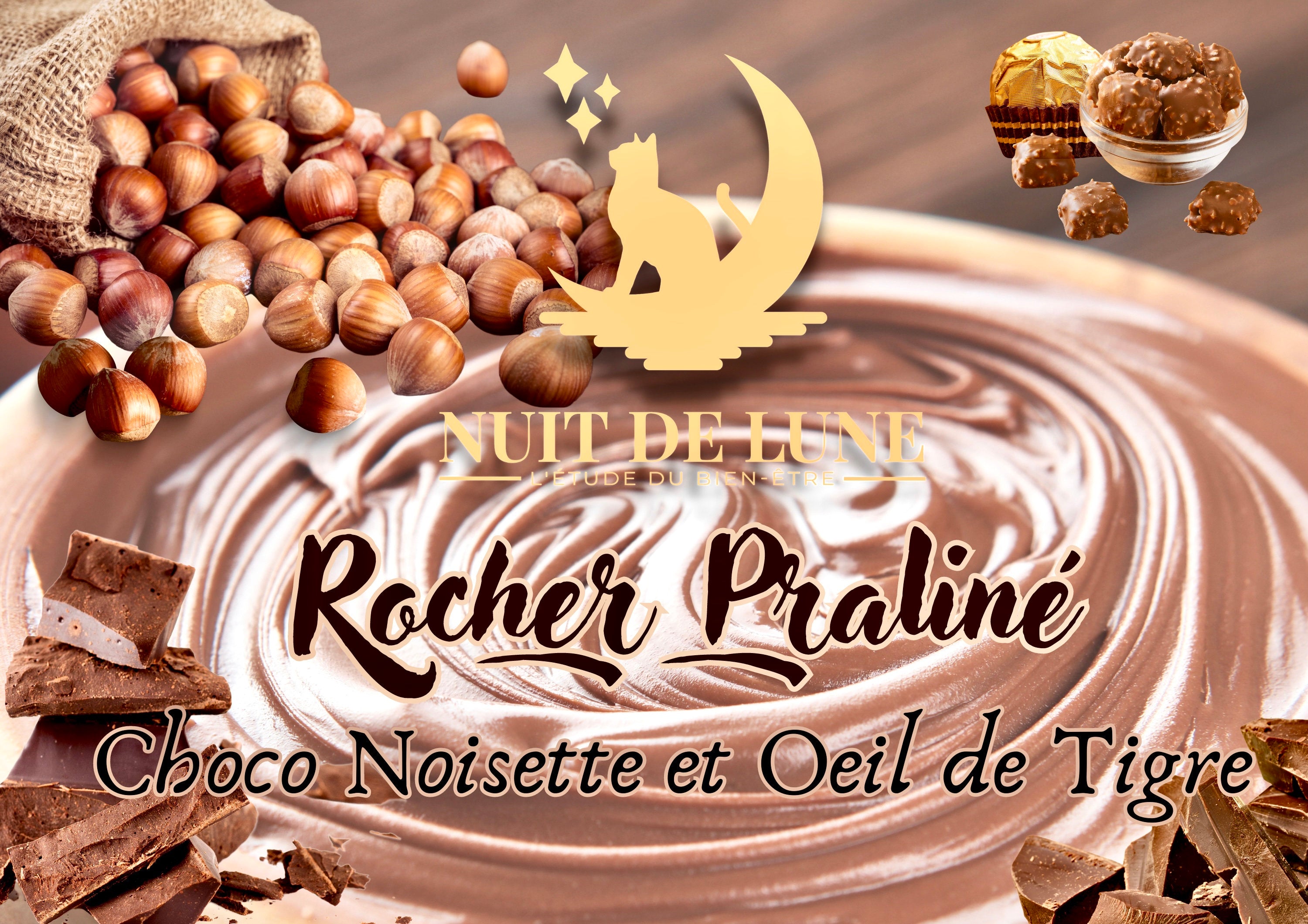 Bougie de luxe artisanale aux cristaux ROCHER PRALINÉ Chocolat, Noisettes, Pralines, Amandes et Oeil de Tigre