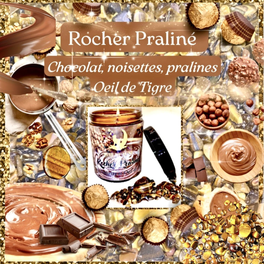 Bougie de luxe artisanale aux cristaux ROCHER PRALINÉ Chocolat, Noisettes, Pralines, Amandes et Oeil de Tigre