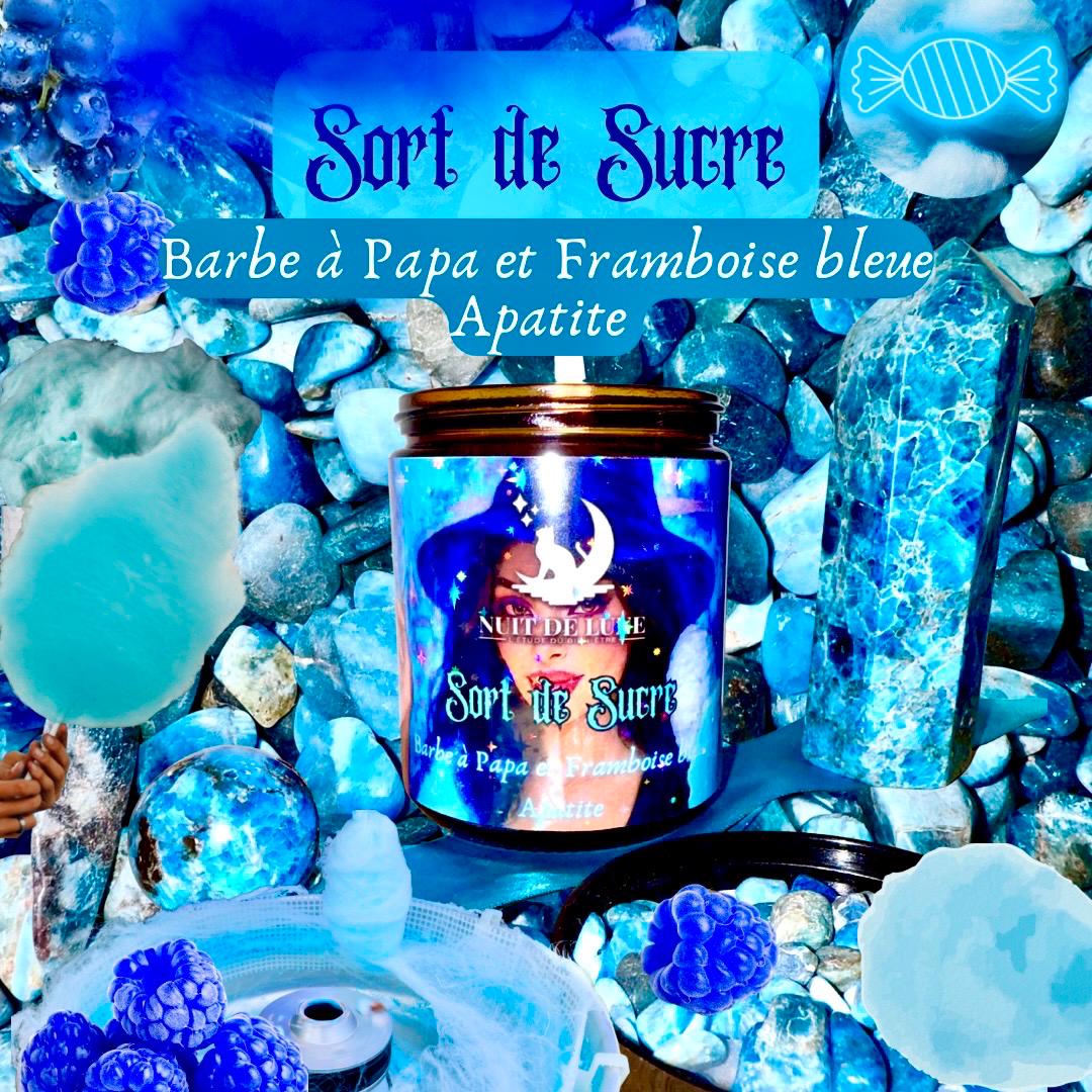 Bougie de luxe artisanale aux cristaux SORT DE SUCRE Barbe à Papa Framboise bleue, Apatite