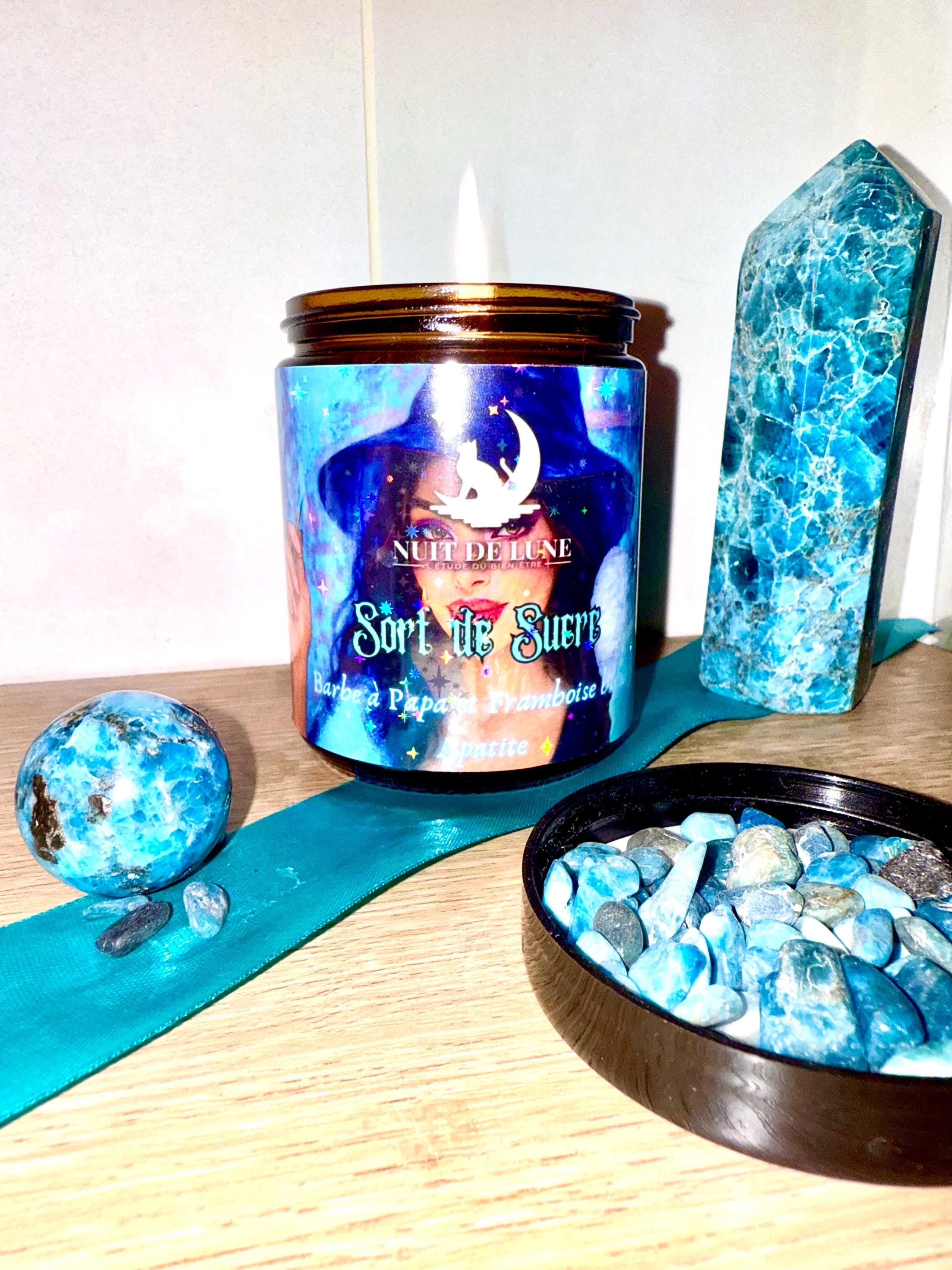 Bougie de luxe artisanale aux cristaux SORT DE SUCRE Barbe à Papa Framboise bleue, Apatite