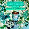 Bougie de luxe artisanale aux cristaux et gemmes COEUR EMERAUDE Fleur d’Eau, Émeraudes de Namibie et Agate fleur verte