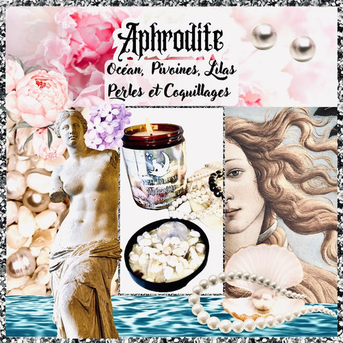 Bougie de luxe artisanale aux cristaux parfumée APHRODITE Océan, Pivoines, Lilas, Perles et Coquillages