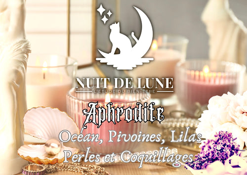 Bougie de luxe artisanale aux cristaux parfumée APHRODITE Océan, Pivoines, Lilas, Perles et Coquillages