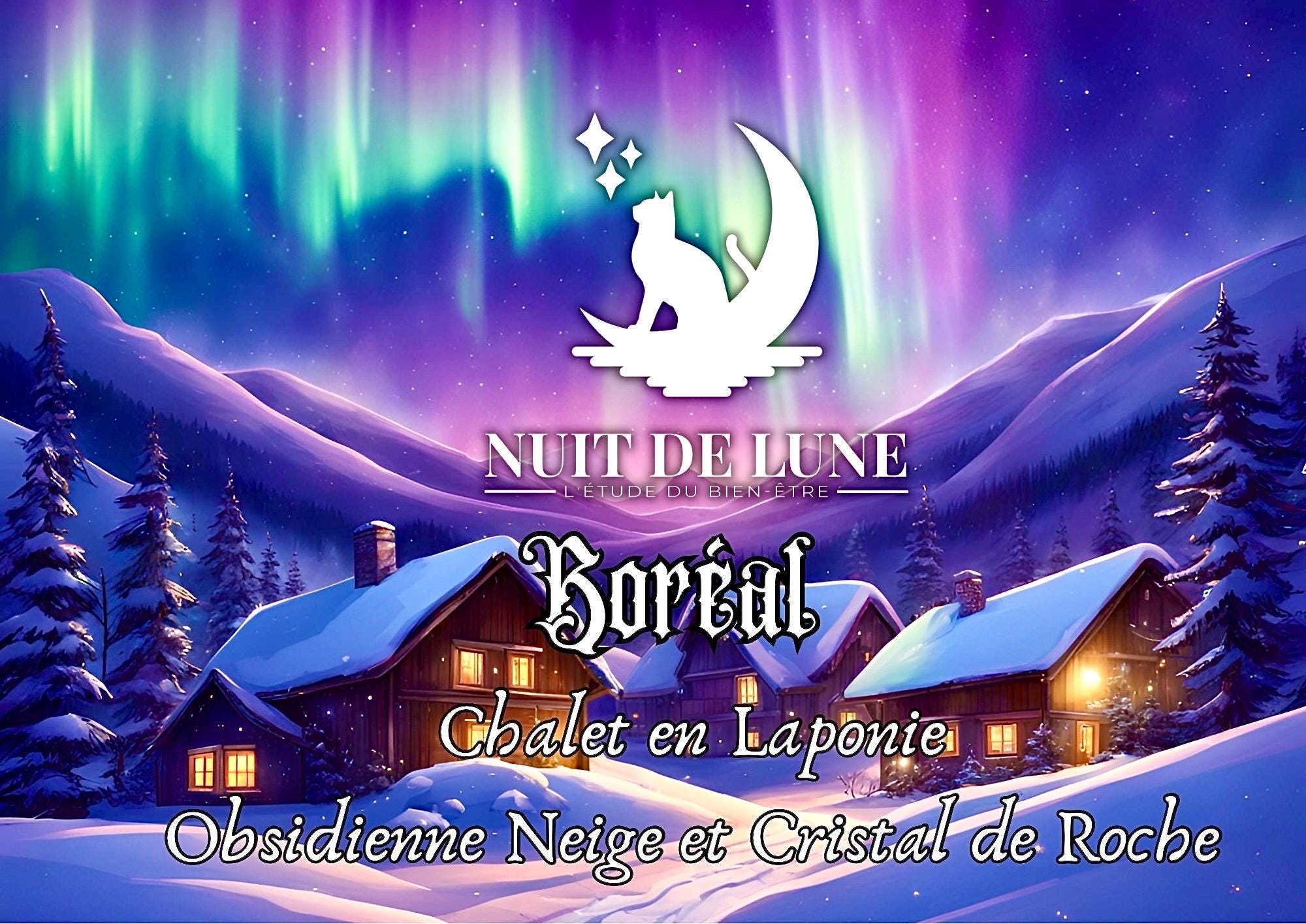 Bougie de luxe artisanale parfumée BORÉAL Cuir, Bois de Cèdre -  Obsidienne flocon de neige et cristal de roche