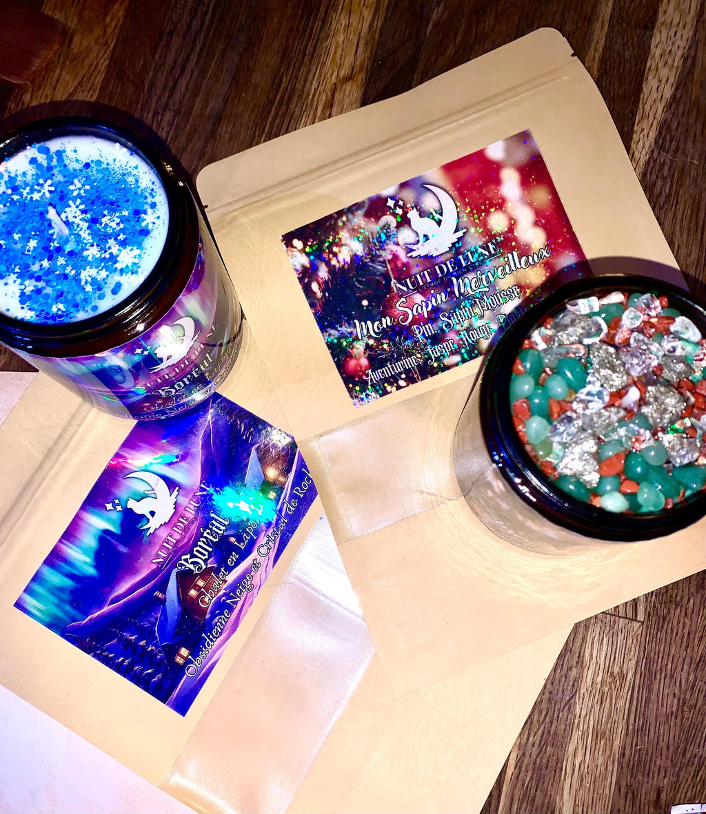 Bougie de luxe artisanale parfumée BORÉAL Cuir, Bois de Cèdre -  Obsidienne flocon de neige et cristal de roche