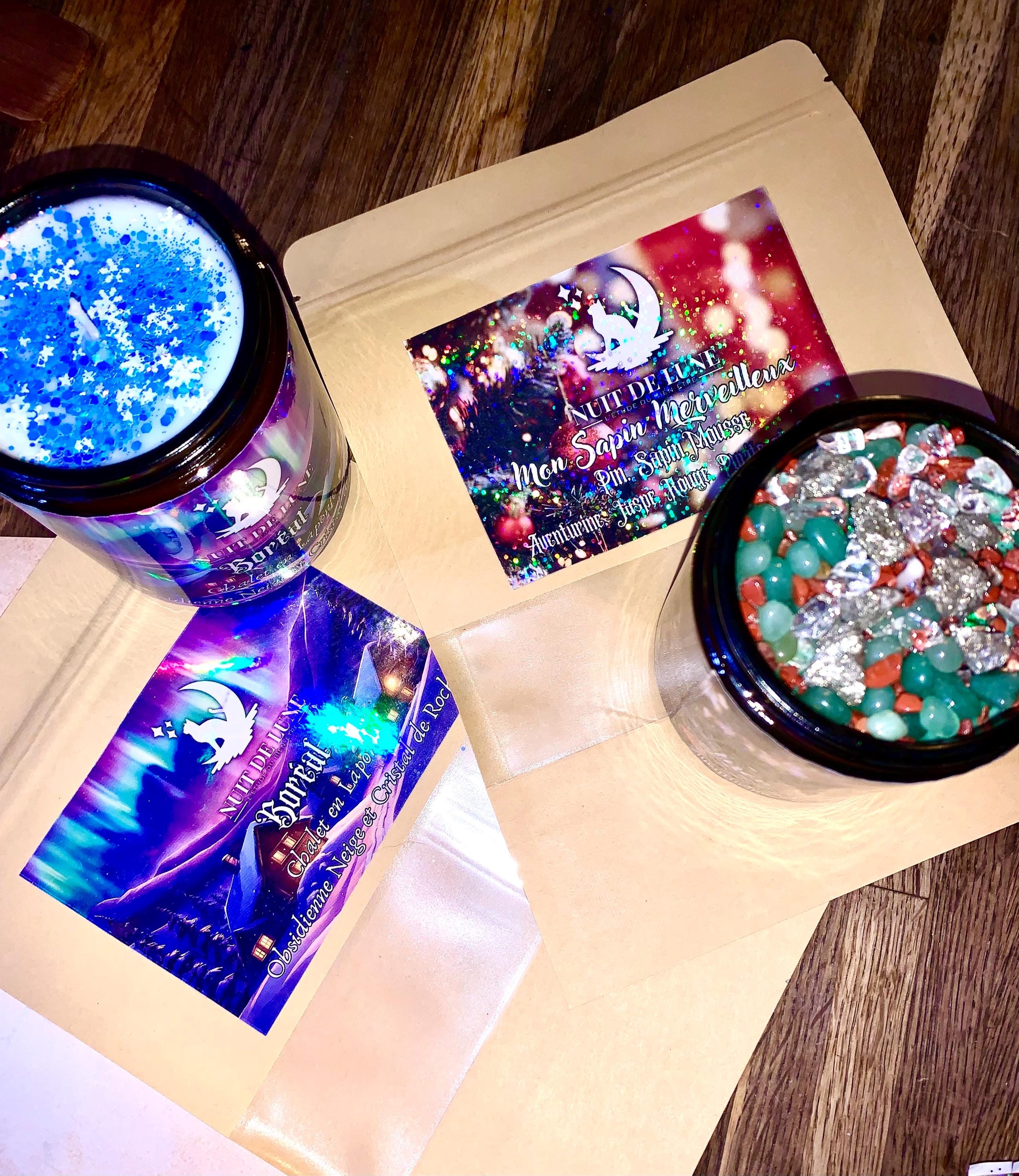 Bougie de luxe artisanale parfumée BORÉAL Cuir, Bois de Cèdre -  Obsidienne flocon de neige et cristal de roche