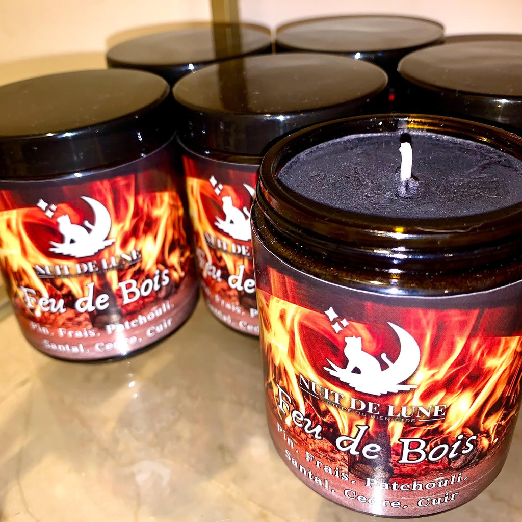 Bougie de luxe artisanale parfumée Noel FEU DE BOIS Pin frais, cedre, patchouli, santal, cuir