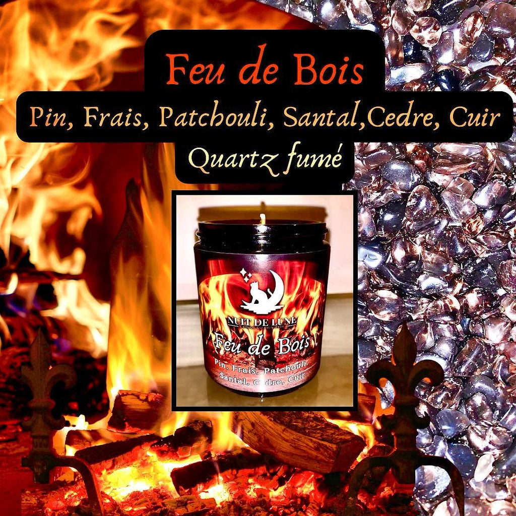 Bougie de luxe artisanale parfumée Noel FEU DE BOIS Pin frais, cedre, patchouli, santal, cuir