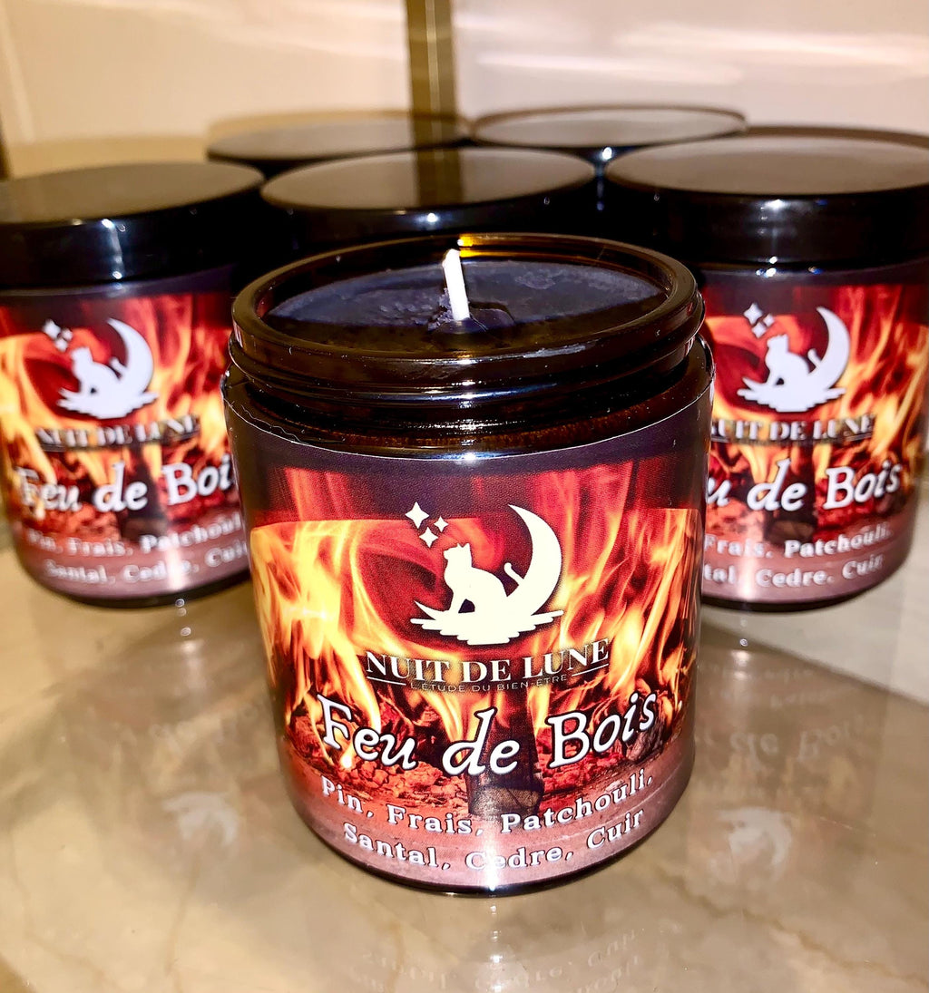 Bougie de luxe artisanale parfumée Noel FEU DE BOIS Pin frais, cedre, patchouli, santal, cuir