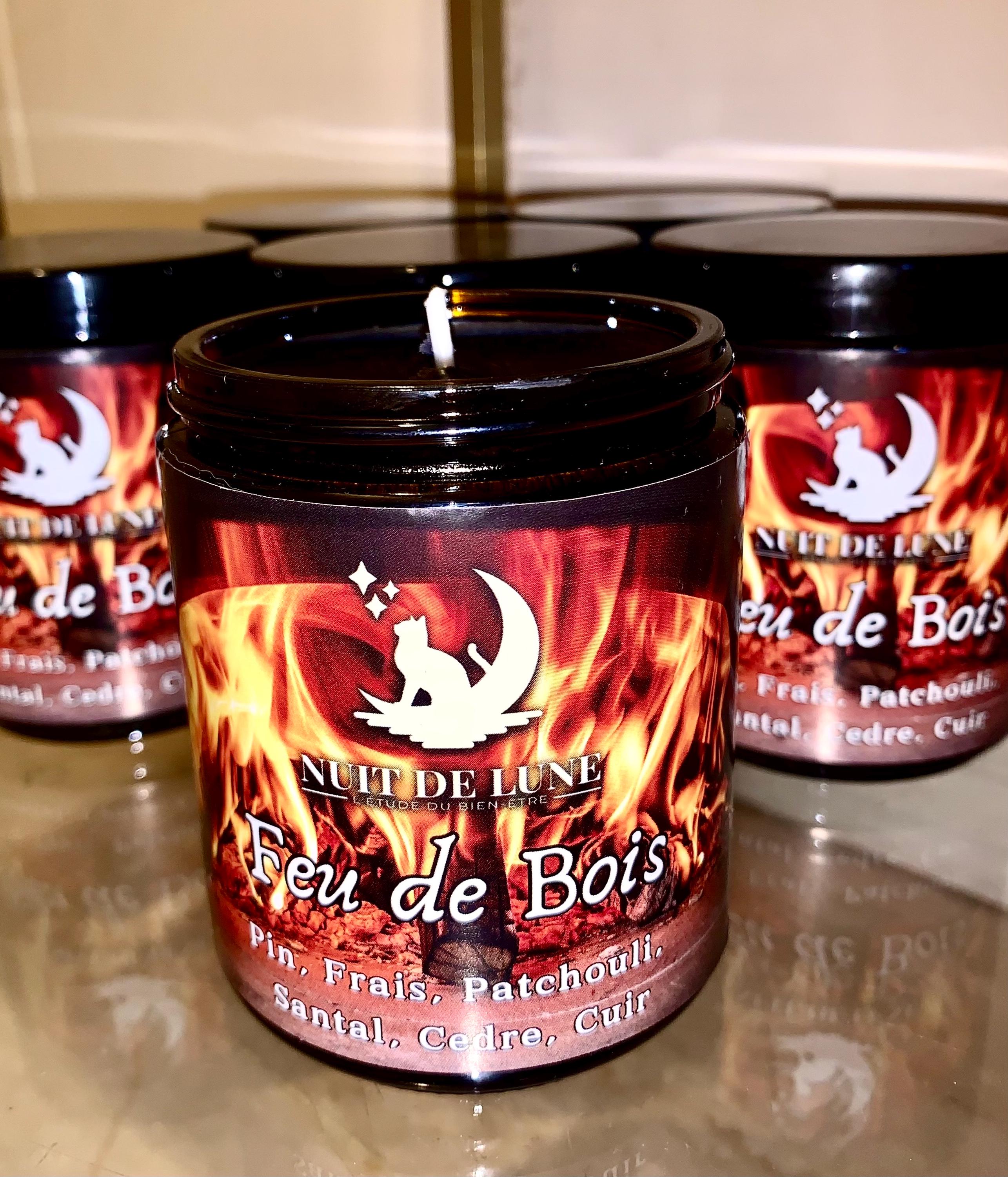 Bougie de luxe artisanale parfumée Noel FEU DE BOIS Pin frais, cedre, patchouli, santal, cuir