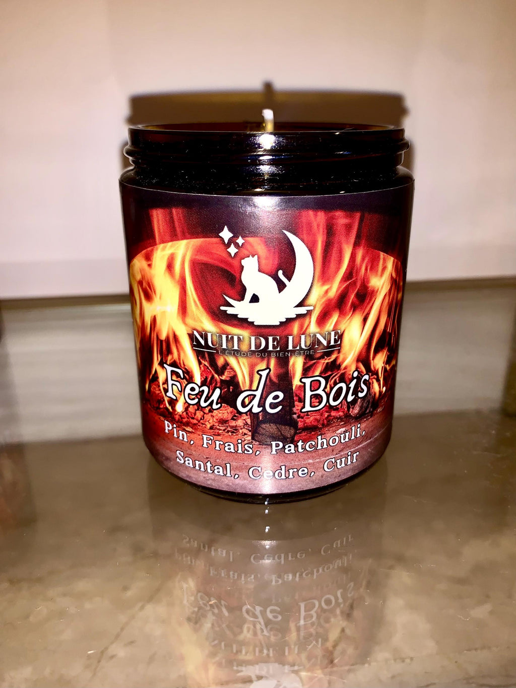 Bougie de luxe artisanale parfumée Noel FEU DE BOIS Pin frais, cedre, patchouli, santal, cuir