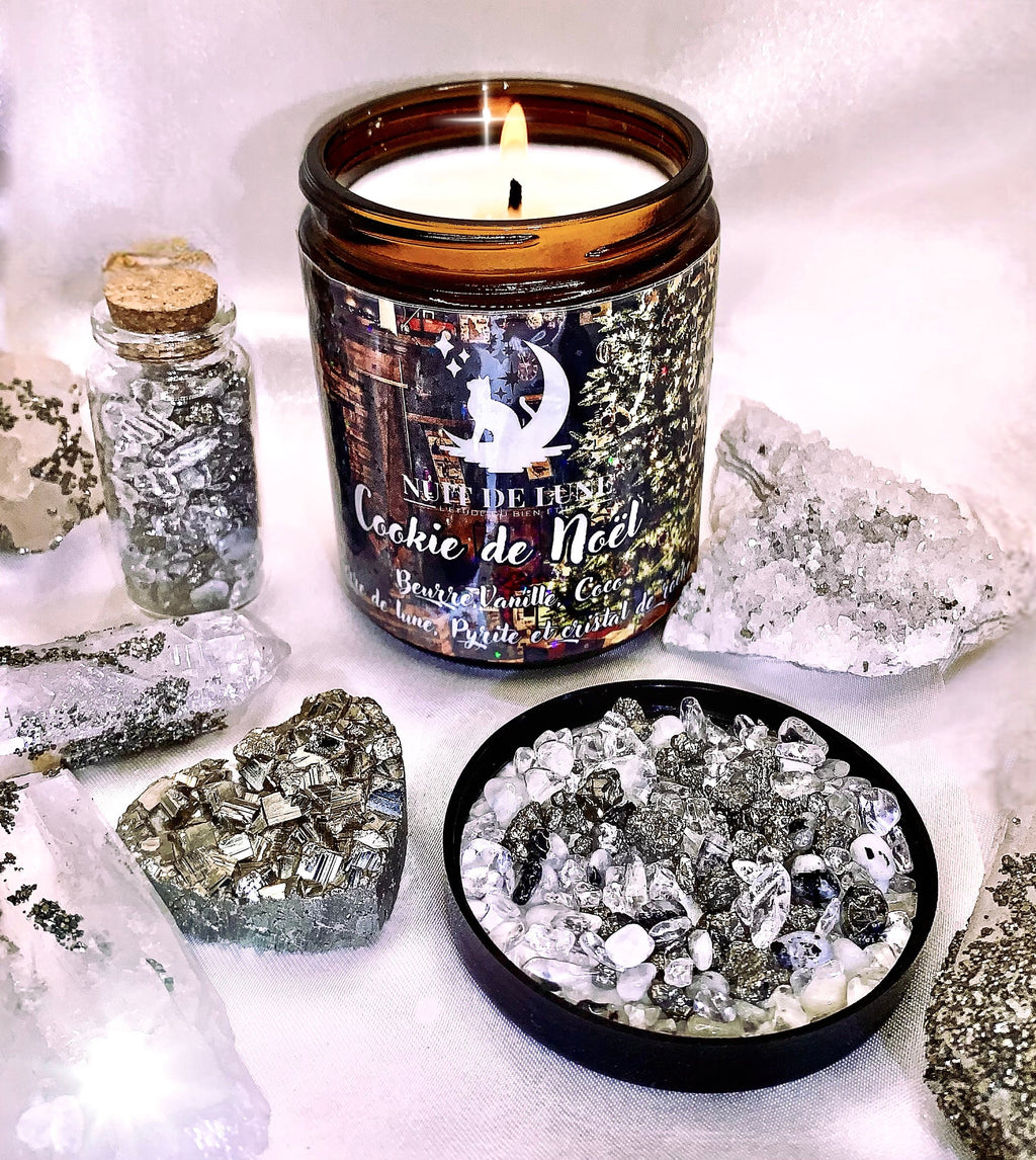 Bougie de luxe artisanale parfumée Nuit de Lune COOKIE DE NOËL Beurre, Vanille, Coco- Pierres de lune, Pyrite et cristal de roche