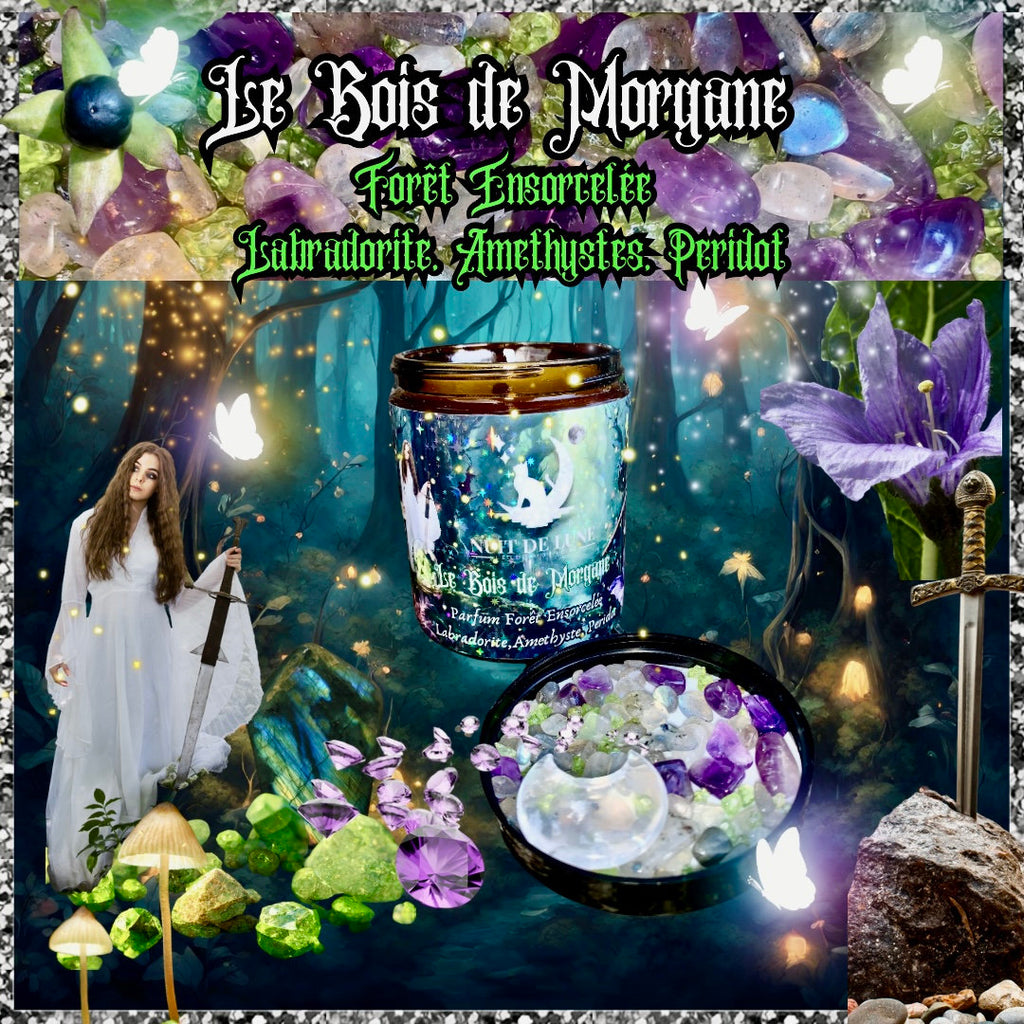 Bougie de luxe artisanale parfumée aux cristaux Le BOIS DE MORGANE Forêt Ensorcelée (Pin, Cedre, Patchouli) Labradorite, Améthyste, Peridot