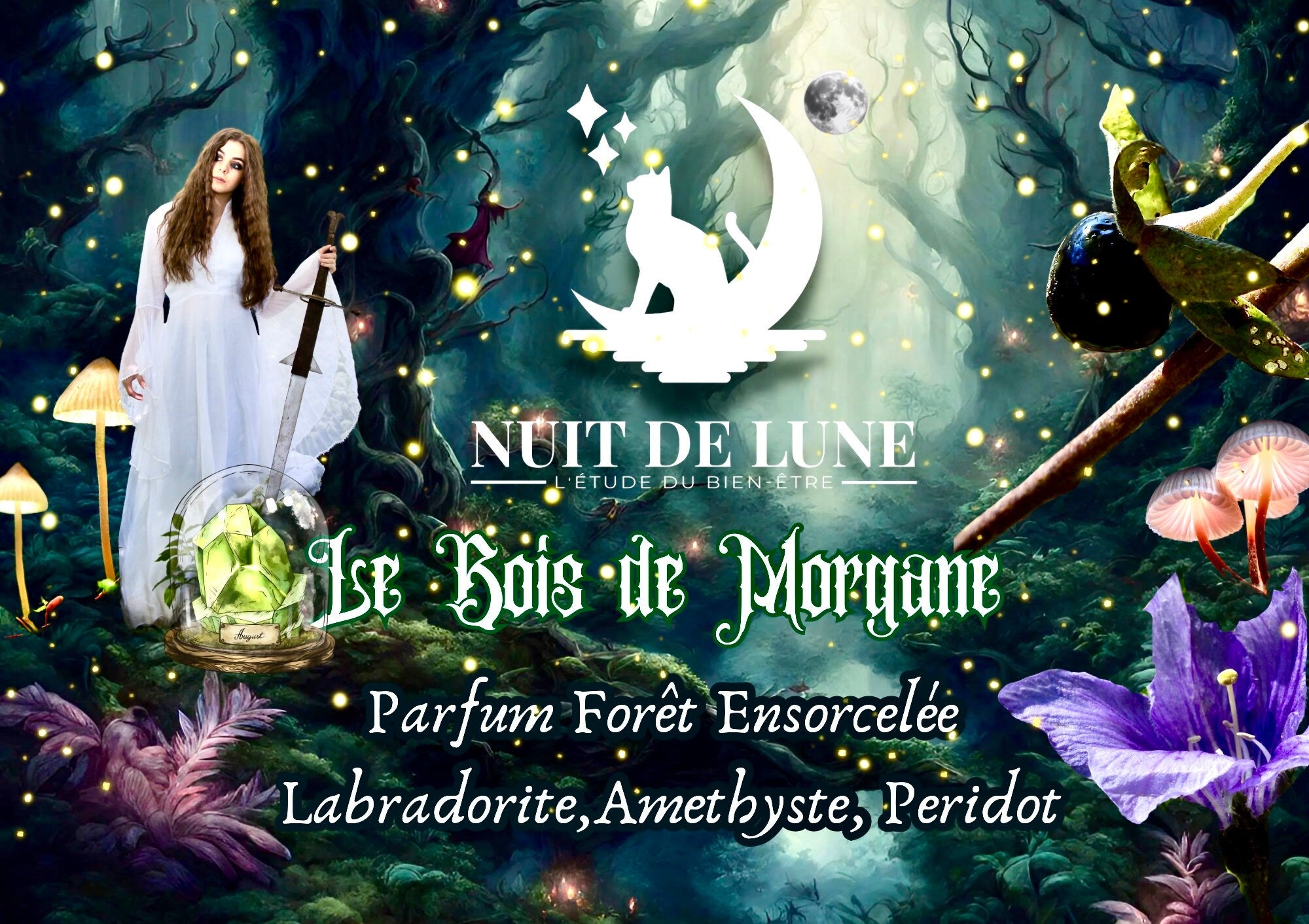 Bougie de luxe artisanale parfumée aux cristaux Le BOIS DE MORGANE Forêt Ensorcelée (Pin, Cedre, Patchouli) Labradorite, Améthyste, Peridot