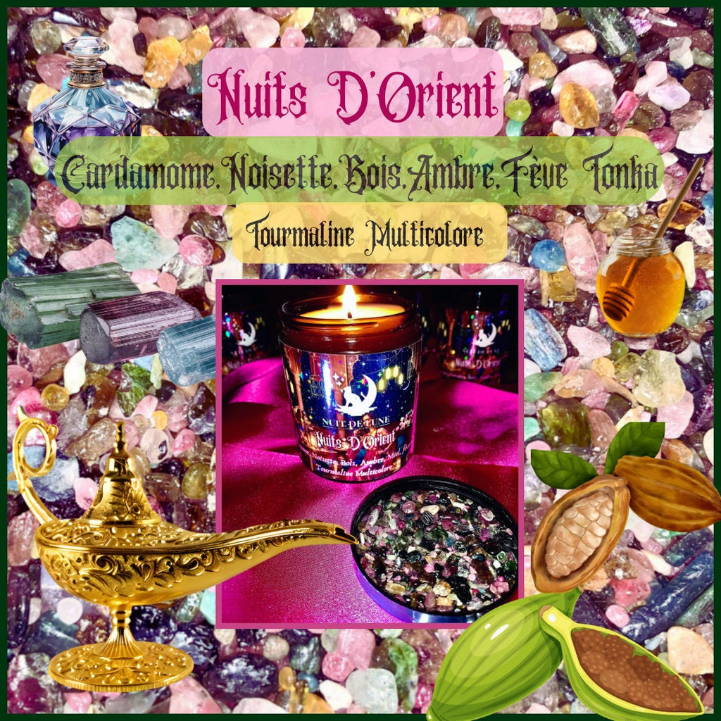 Bougie de luxe artisanale parfumée aux cristaux NUITS D’ORIENT Cardamome, Noisette, Ambre, Miel,bois, fève tonka Tourmaline multicolore