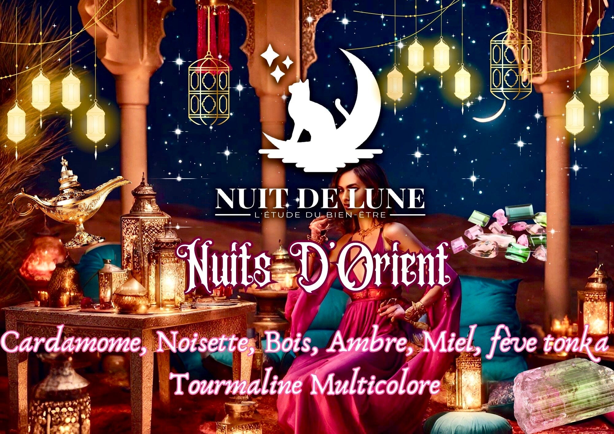 Bougie de luxe artisanale parfumée aux cristaux NUITS D’ORIENT Cardamome, Noisette, Ambre, Miel,bois, fève tonka Tourmaline multicolore