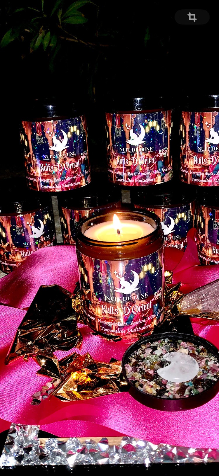 Bougie de luxe artisanale parfumée aux cristaux NUITS D’ORIENT Cardamome, Noisette, Ambre, Miel,bois, fève tonka Tourmaline multicolore