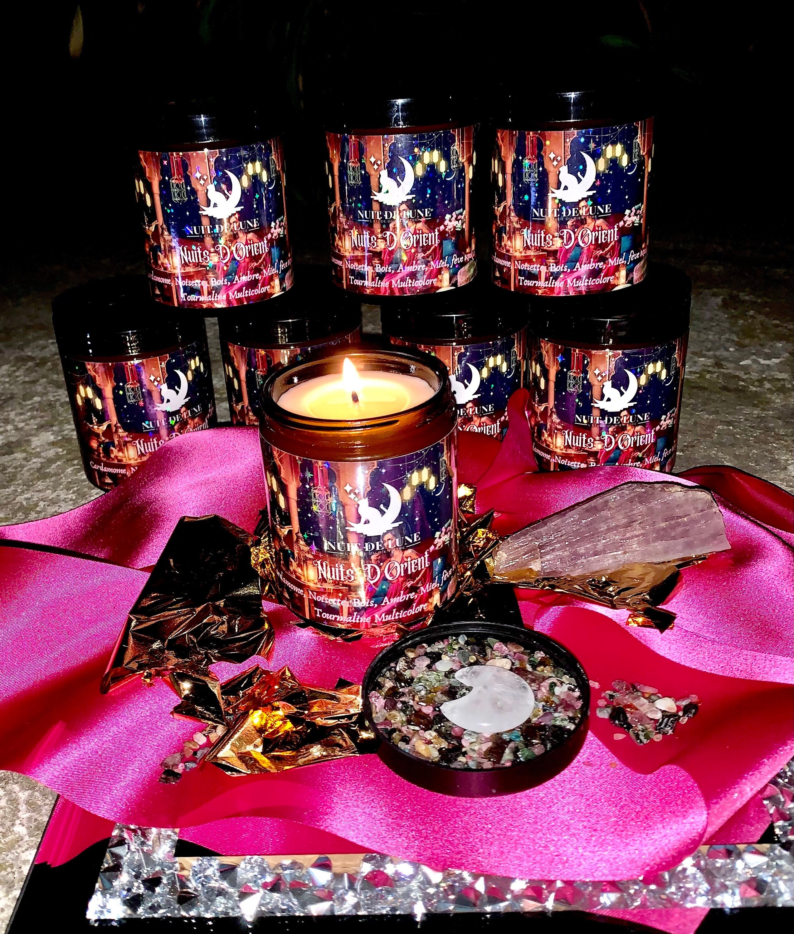 Bougie de luxe artisanale parfumée aux cristaux NUITS D’ORIENT Cardamome, Noisette, Ambre, Miel,bois, fève tonka Tourmaline multicolore