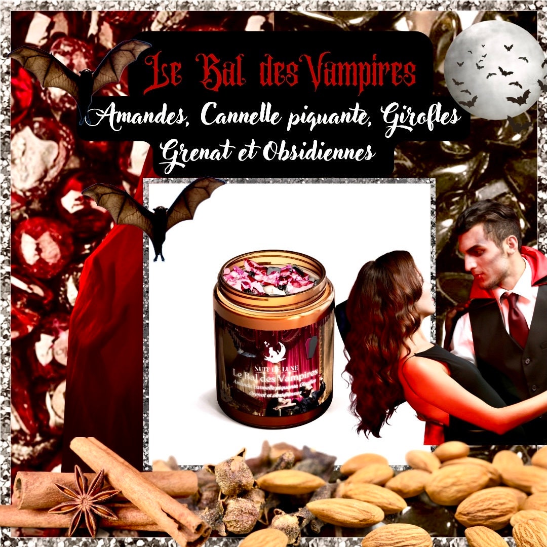 Bougie de luxe artisanale parfumée aux cristaux NUIT DE LUNE Le Bal des Halloween Vampires Amandes, Cannelle,Girofles, grenat & Obsidienne