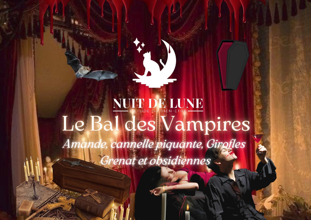 Bougie de luxe artisanale parfumée aux cristaux NUIT DE LUNE Le Bal des Halloween Vampires Amandes, Cannelle,Girofles, grenat & Obsidienne